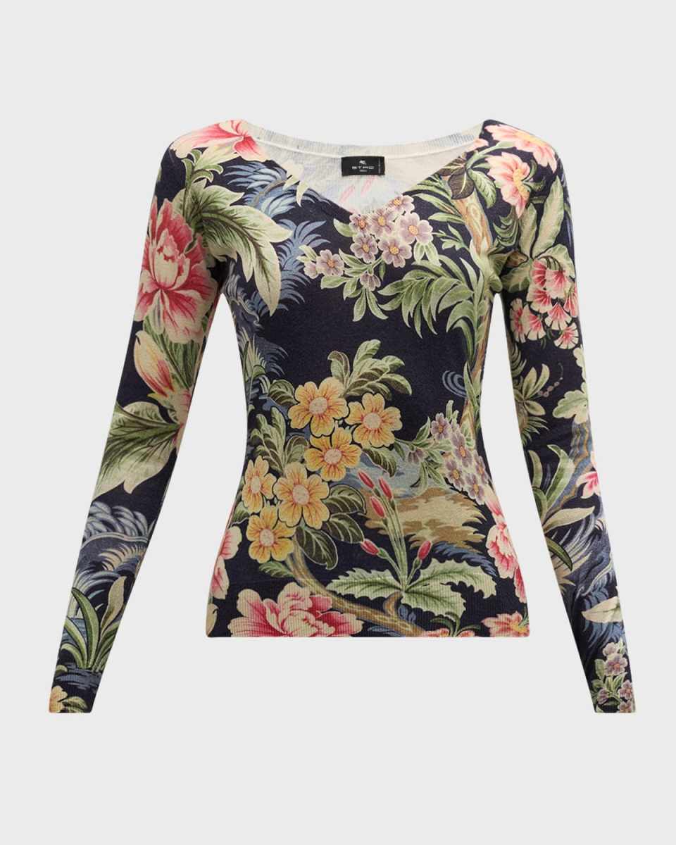 Enchanted Floral V-Neck Long-Sleeve Fitted Sweater