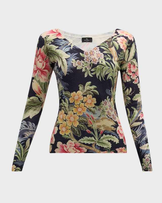 Enchanted Floral V-Neck Long-Sleeve Fitted Sweater