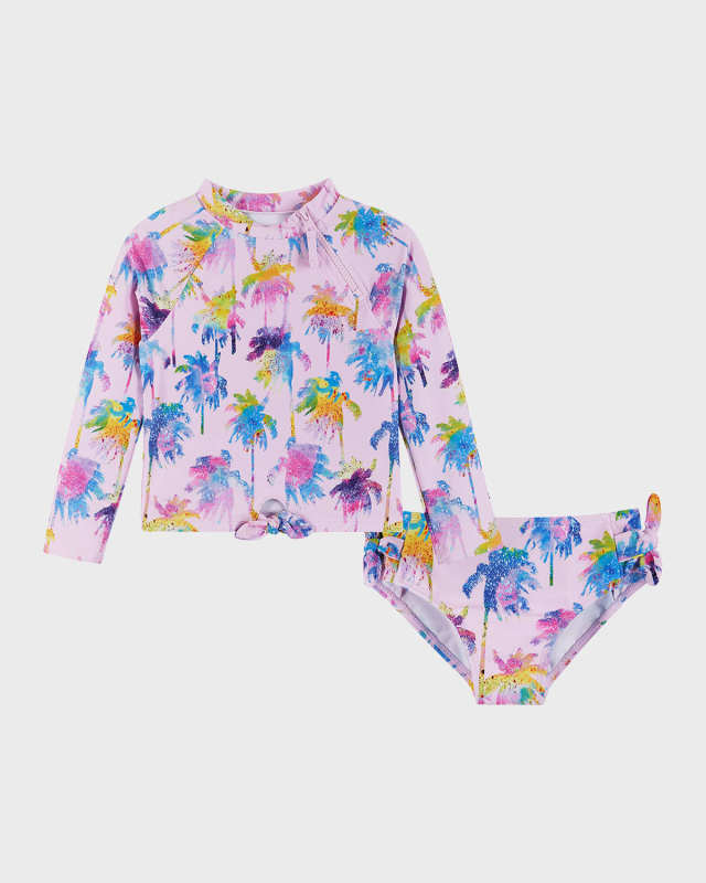 Girl's Graphic Palm Tree Printed Rashguard Set, Size 2T-6X