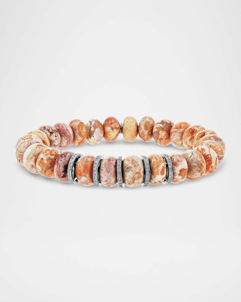 Mexican Fire Opal 10mm Bead Bracelet with 5 Diamond Rondelles