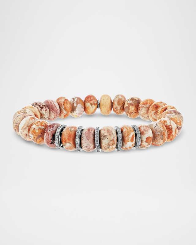 Mexican Fire Opal 10mm Bead Bracelet with 5 Diamond Rondelles