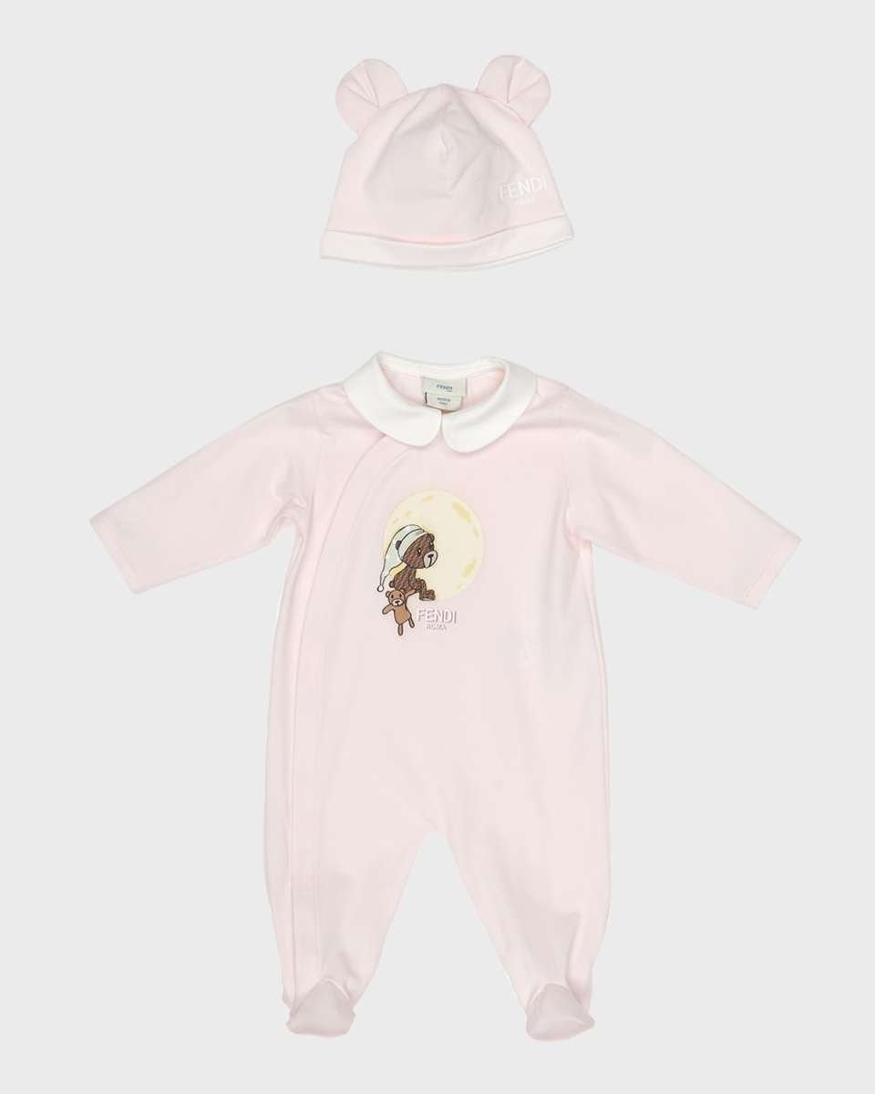 Girl's Bear On The Moon Footie and Hat Set, Size 1M-