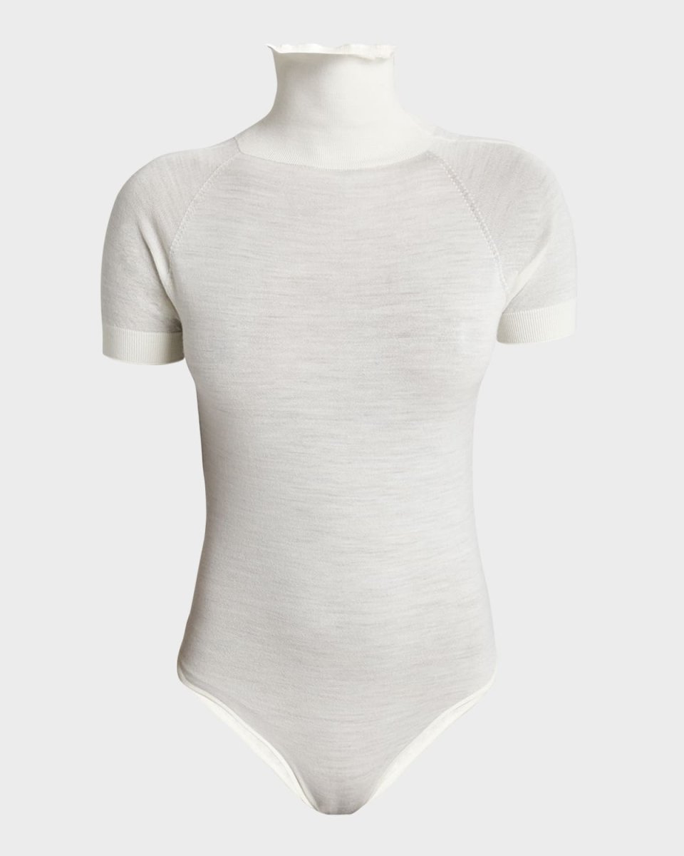 Mock-Neck Short-Sleeve Wool Bodysuit