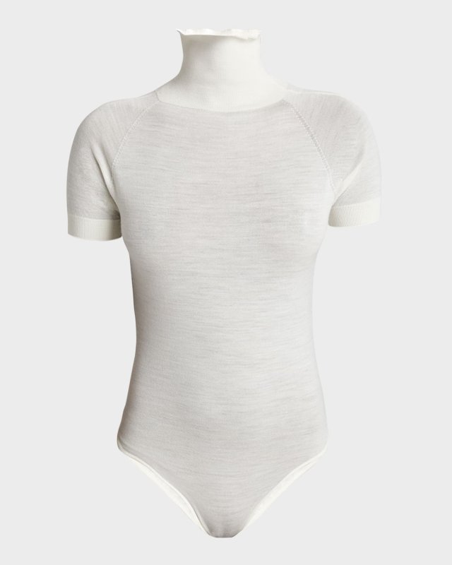 Mock-Neck Short-Sleeve Wool Bodysuit