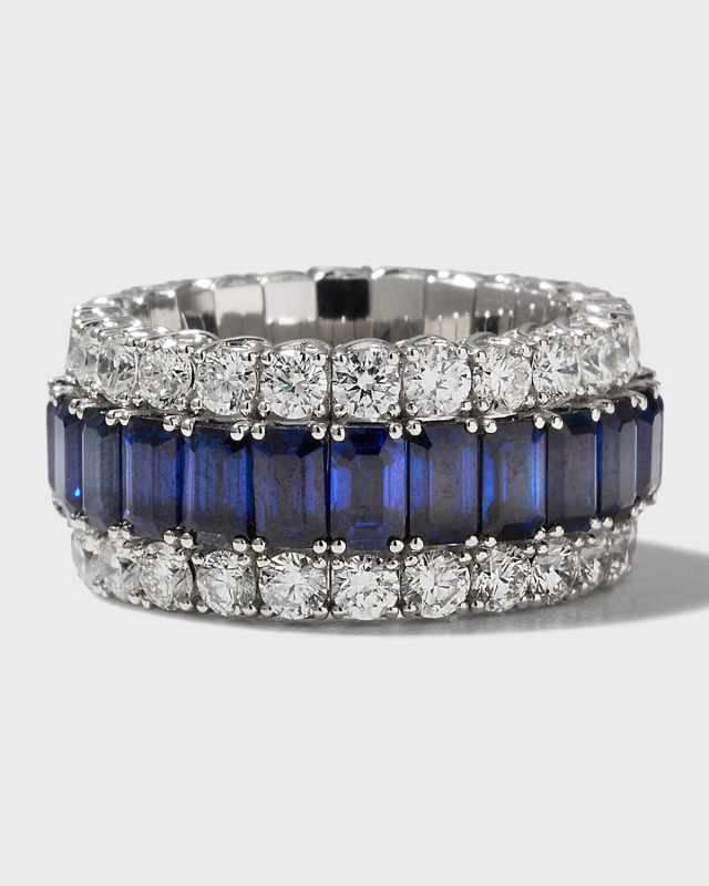 Xpandable 18k White Gold Diamond and Blue Sapphire Ring, Size 6.25 - 9.5