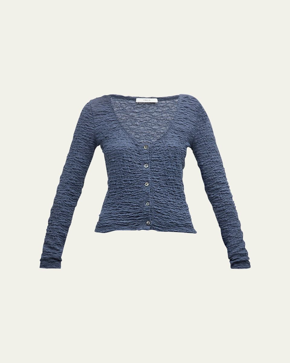 Smocked Long-Sleeve Button-Front Top