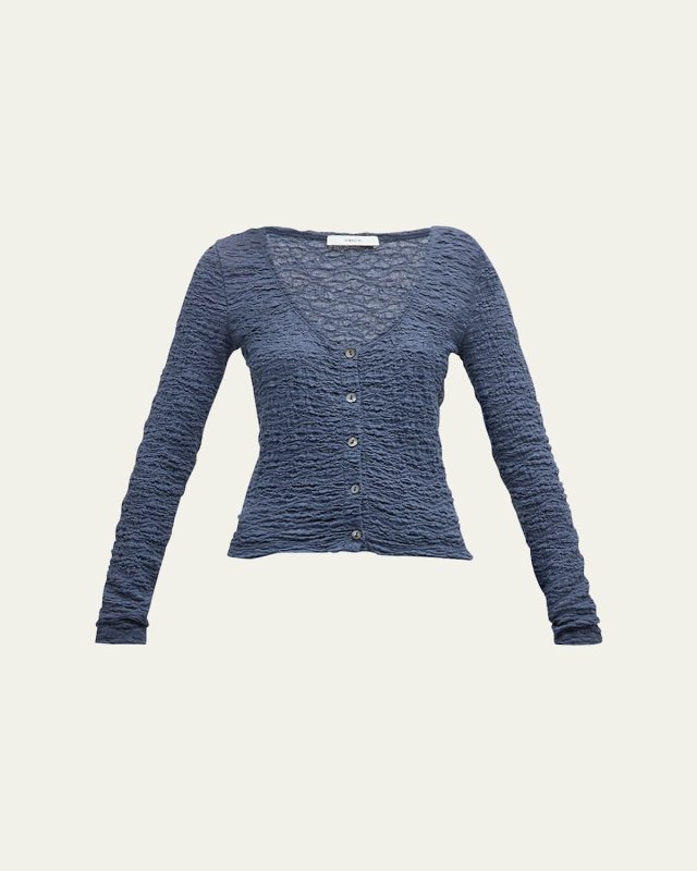 Smocked Long-Sleeve Button-Front Top