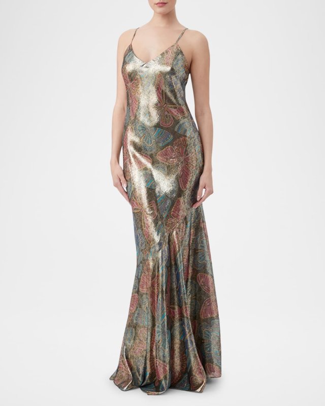 Arana Metallic Butterfly-Print Silk Gown