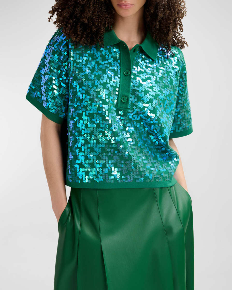 Glitz Sequin-Embroidered Short-Sleeve Polo Top