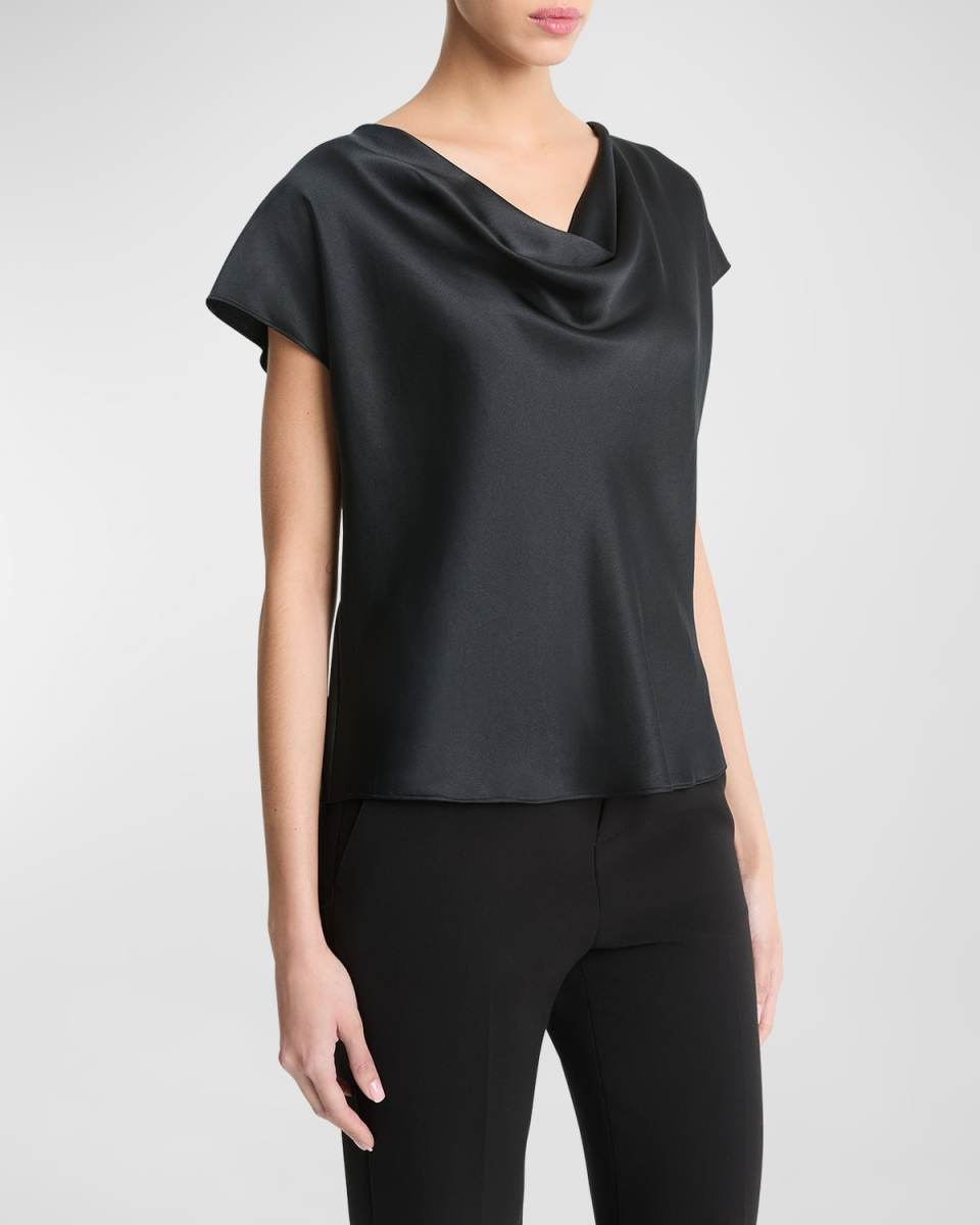 Cowl-Neck Cap-Sleeve Satin Blouse