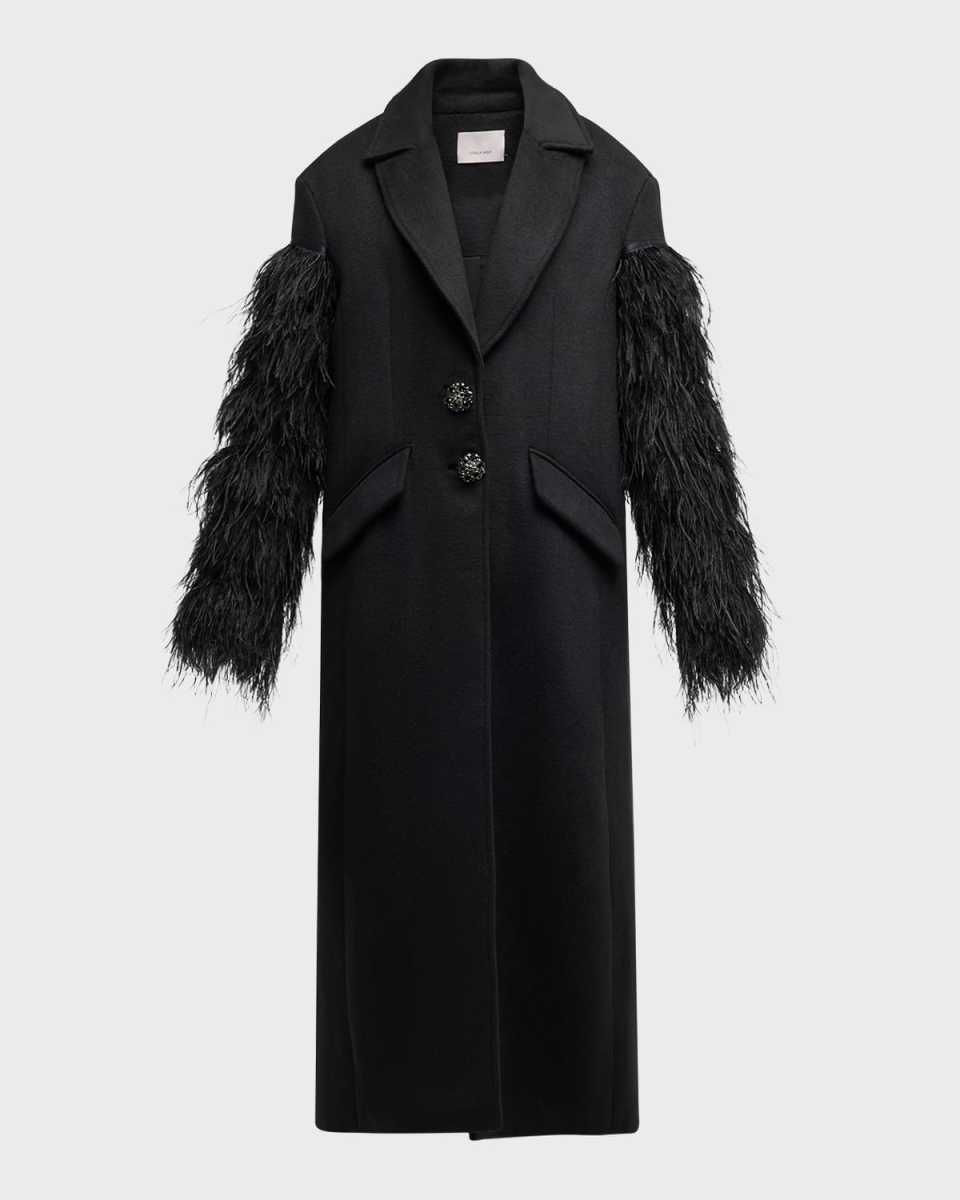 Ali Feather-Sleeve Long Wool-Blend Coat