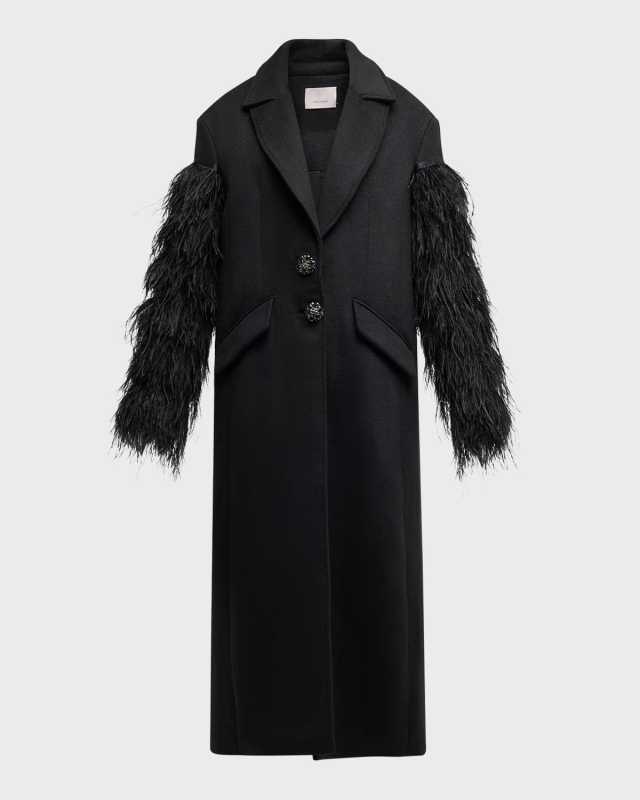 Ali Feather-Sleeve Long Wool-Blend Coat