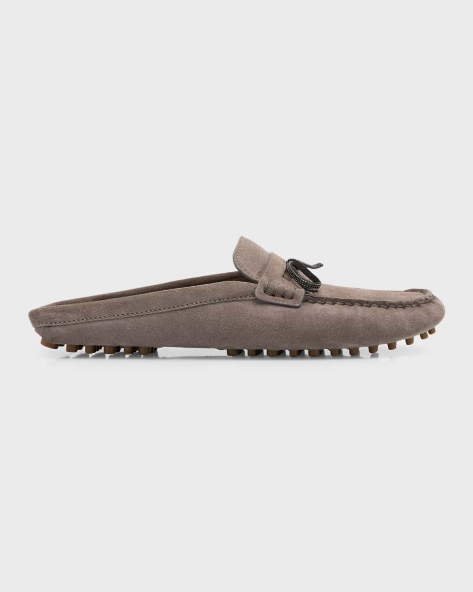 Suede Monili Bow Driver Loafer Mules