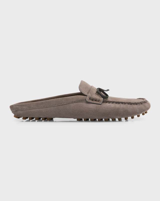 Suede Monili Bow Driver Loafer Mules