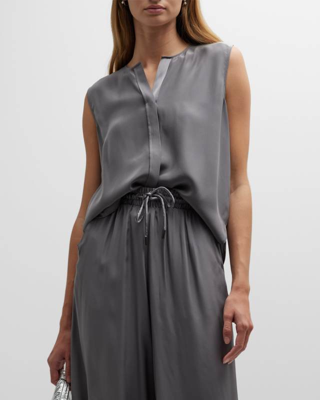 Silk Grosgrain Sleeveless Button-Front Top