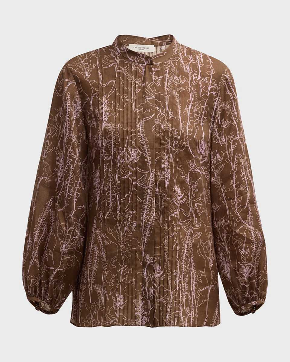 Floral-Print Pintuck Button-Down Blouse