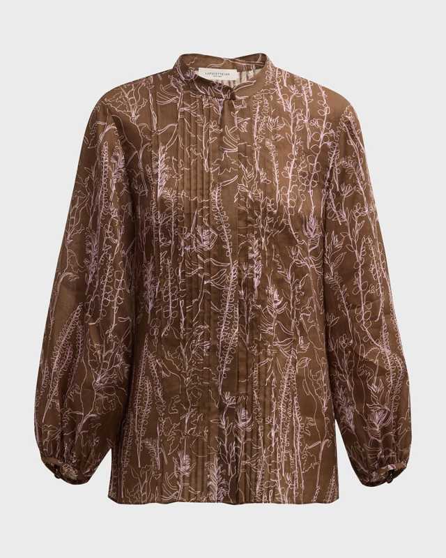 Floral-Print Pintuck Button-Down Blouse