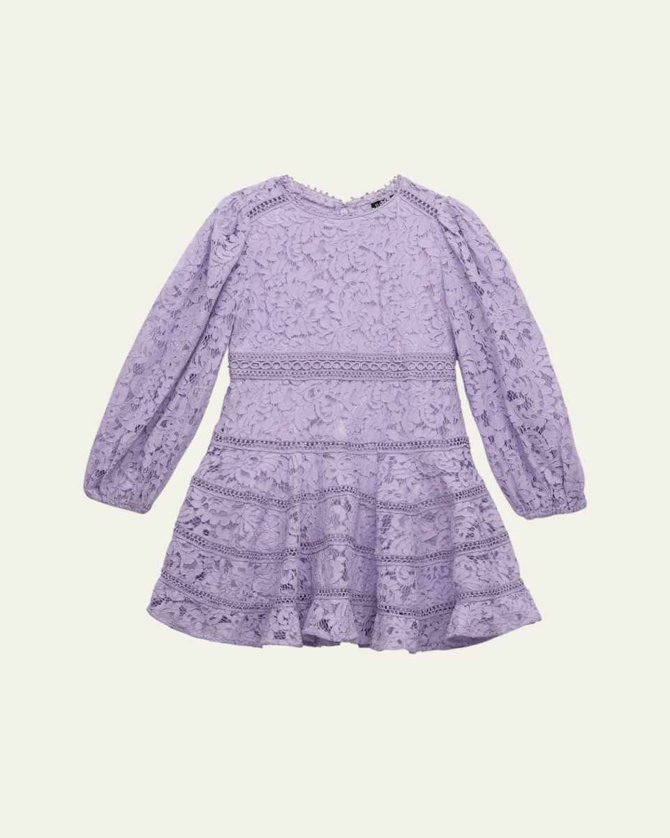 Girl's Zandie Floral Lace Puff Sleeve Dress, Size 6-14