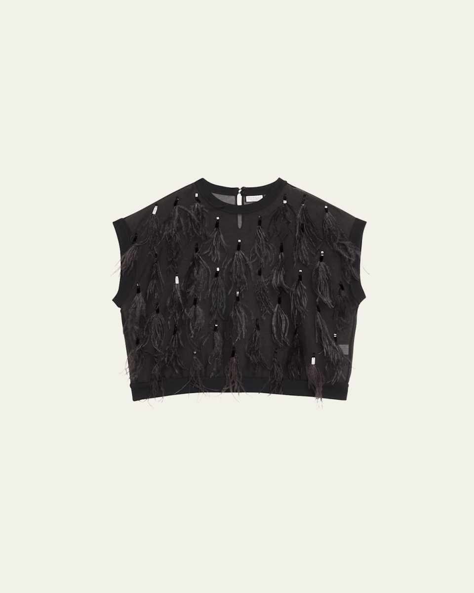Light Weight Wool Blouse with Feather and Sequin Details