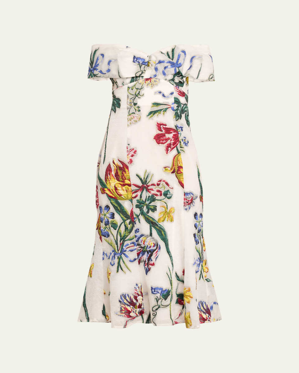 Off-Shoulder Floral Fil Coupe Midi Dress