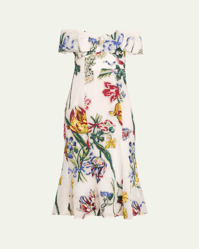 Off-Shoulder Floral Fil Coupe Midi Dress