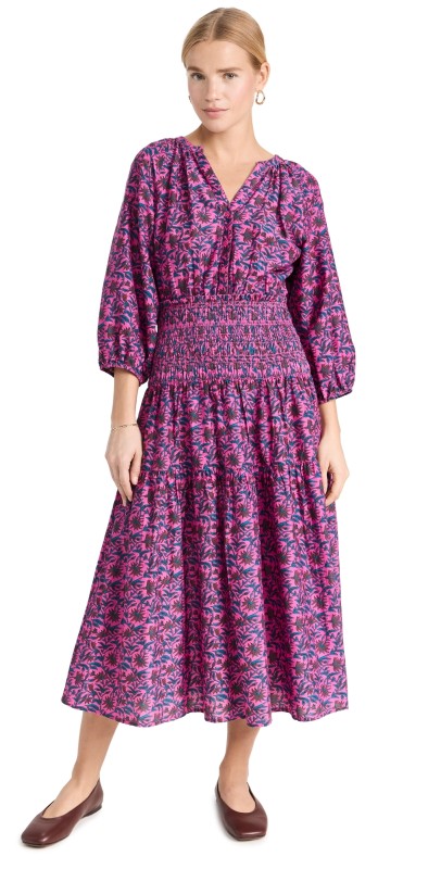Apiece Apart Laurelesmocked Dress PALM FLORAL FUCHSIA