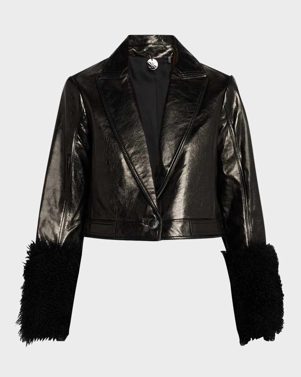 Kallie Cropped Shearling-Cuff Leather Jacket