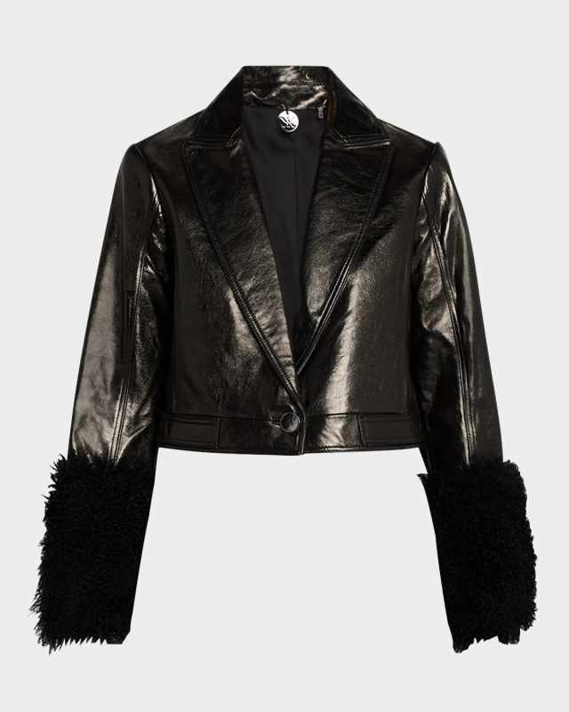 Kallie Cropped Shearling-Cuff Leather Jacket