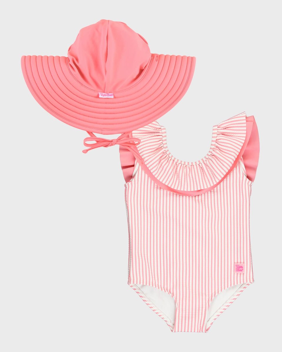 Girl's One-Piece Seersucker Swuimsuit and Hat, Size 3