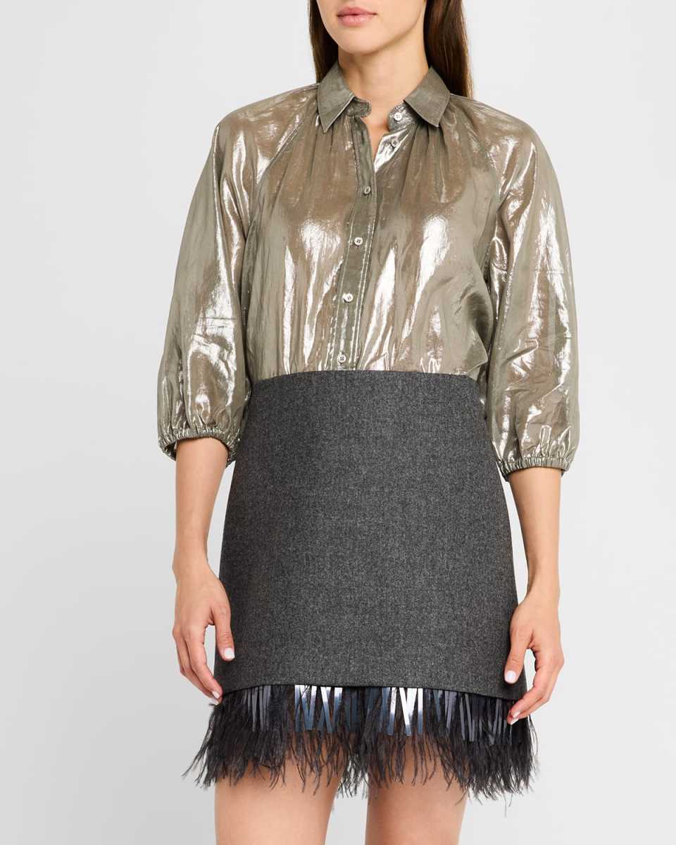 Metallic Cotton Gauze 3/4-Sleeve Blouse With Monili Epaulet