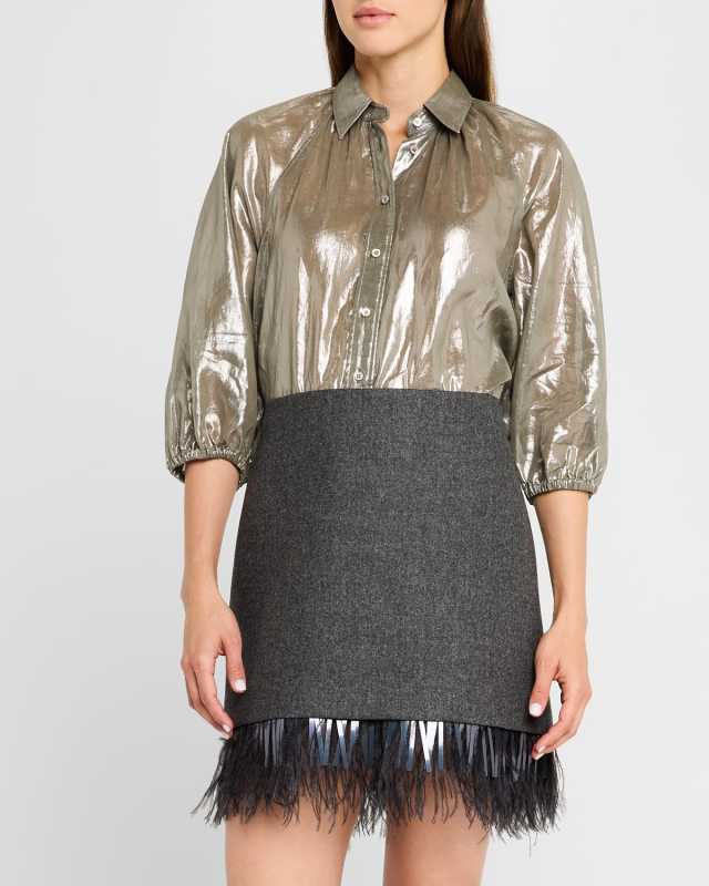 Metallic Cotton Gauze 3/4-Sleeve Blouse With Monili Epaulet