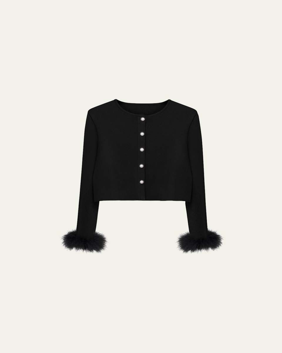 Cropped Feather-Trim Cardigan