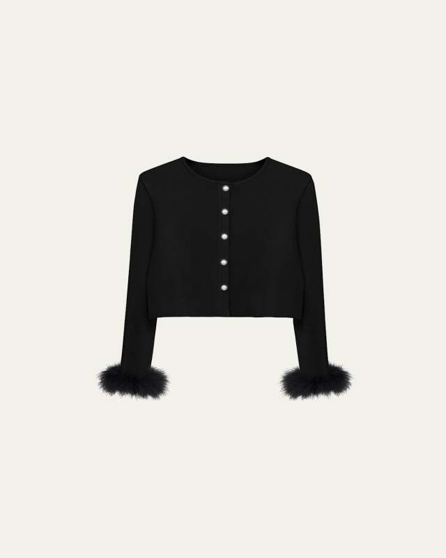 Cropped Feather-Trim Cardigan