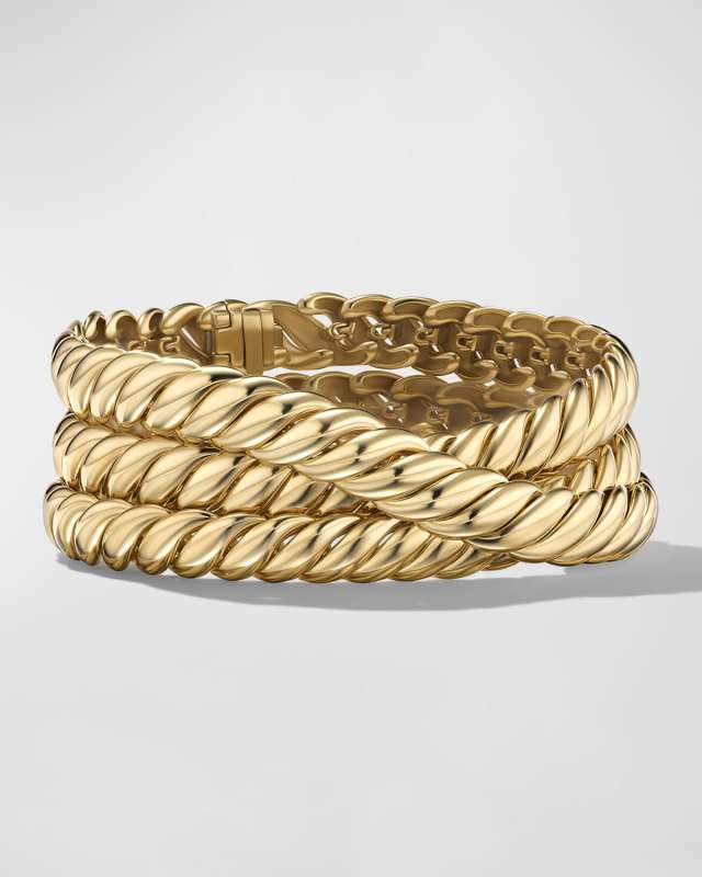 Sculpted Cable 3-Wrap Bracelet in 18K Gold, 8.5