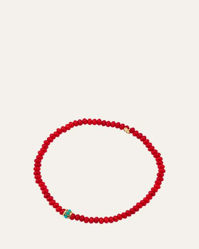 Gold and Turquoise Scallop Rondelle on Red Bamboo Coral Bracelet
