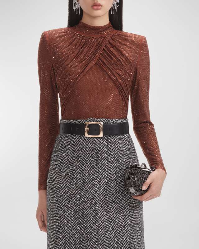 Rhinestone Mesh Long-Sleeve Crossover Top