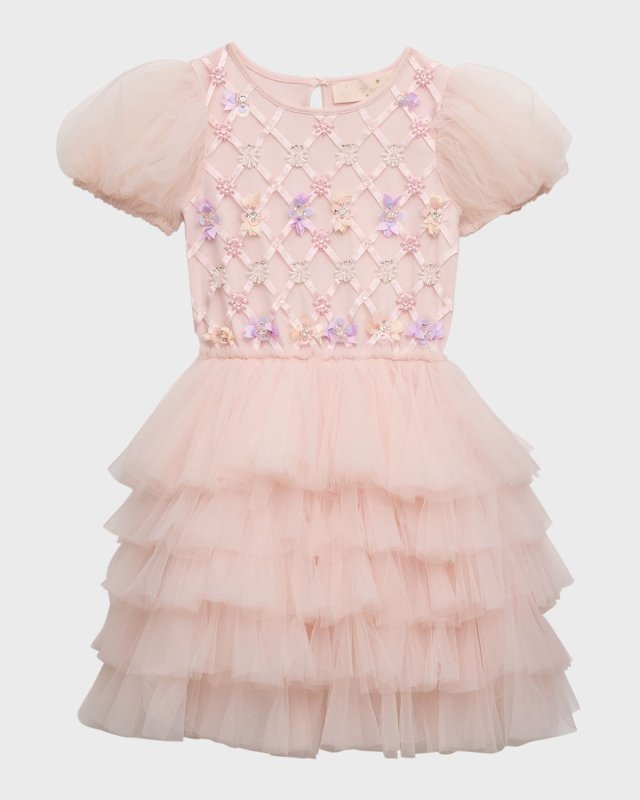 Girl's Beaded Floral Lattice Tutu Dress, Size 2-11