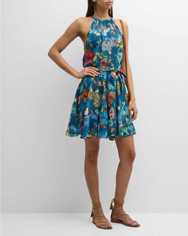 Butterfly-Print Linen Halter Mini Dress