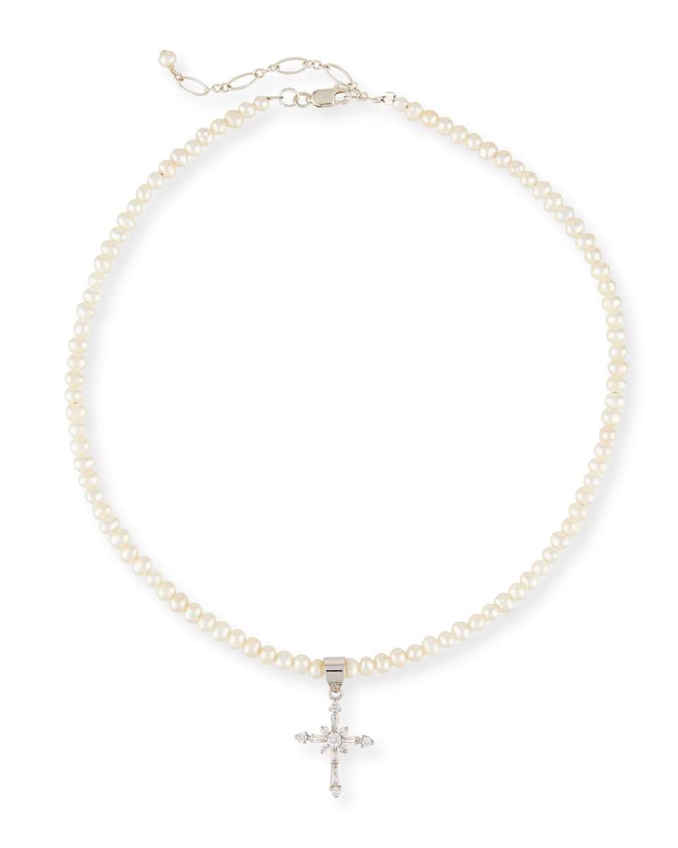 Girls' Pearl Necklace w/ Silver Cross