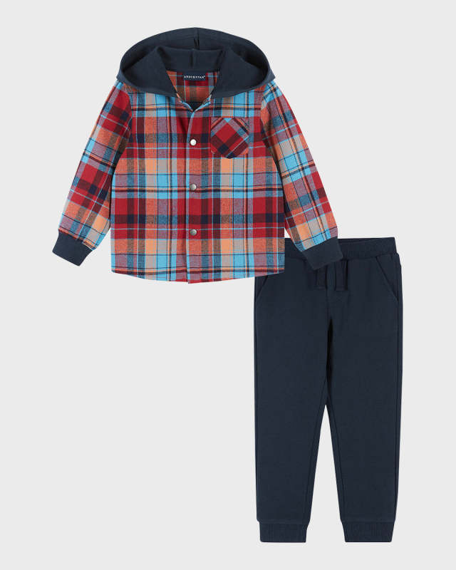 Boy's Plaid-Print Shacket W/ Joggers Set, Size 2T-8