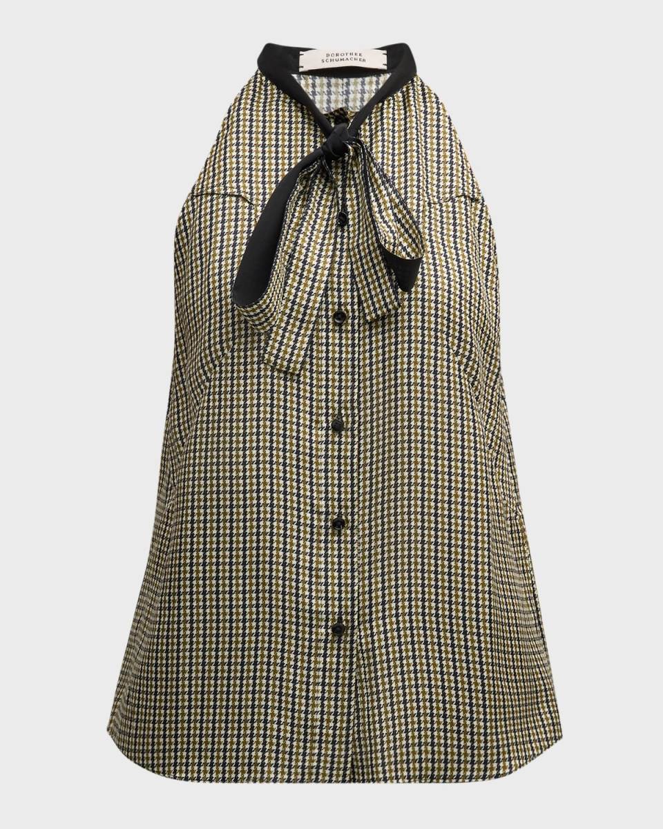 Checked Coolness Houndstooth Tie-Neck Blouse