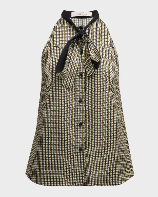 Checked Coolness Houndstooth Tie-Neck Blouse