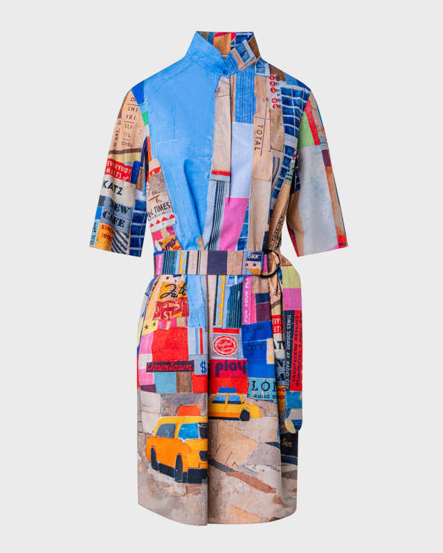 Placed NYC Paper Collage Printed Shirtdress with Belt