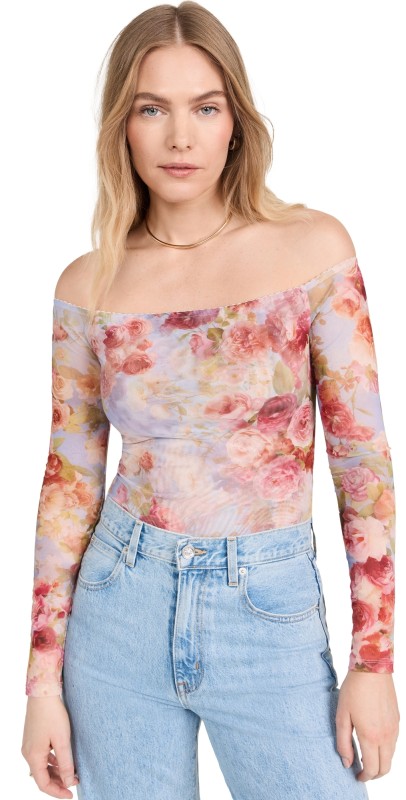 L'AGENCE Peony Off Shoulder Thong Bodysuit Multi Soft Cloud Floral
