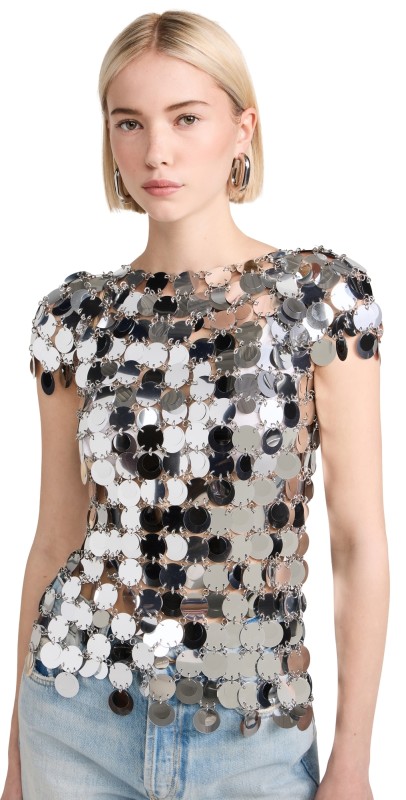 rabanne The Iconic Silver Sparkle Discs Top Silver
