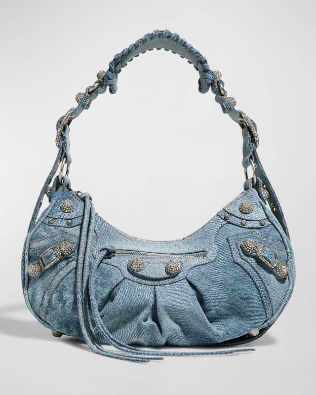 Le Cagole Small Denim Shoulder Bag with Rhinestones