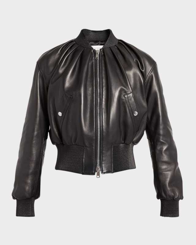 Ruched Leather Crop Bomber Jacket