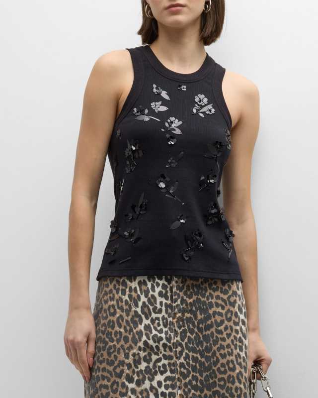 Embellished Rib-Jersey Tank Top