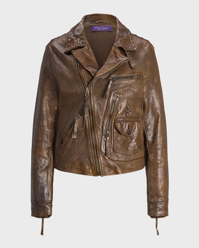 Andrea Studded Leather Distressed Moto Jacket