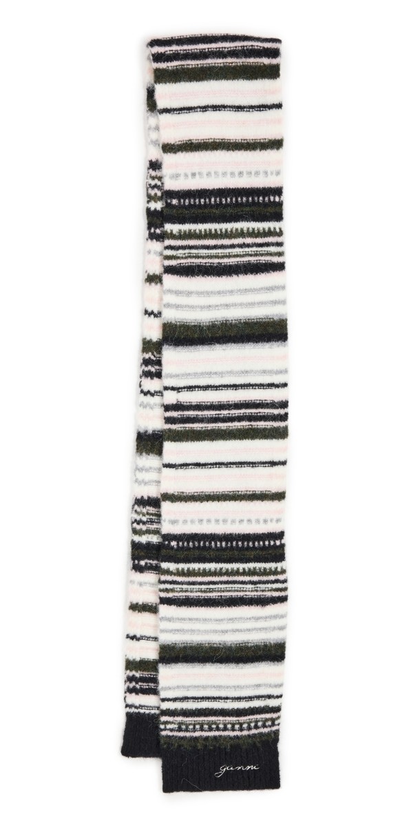 GANNI Striped Soft Wool Scarf Black